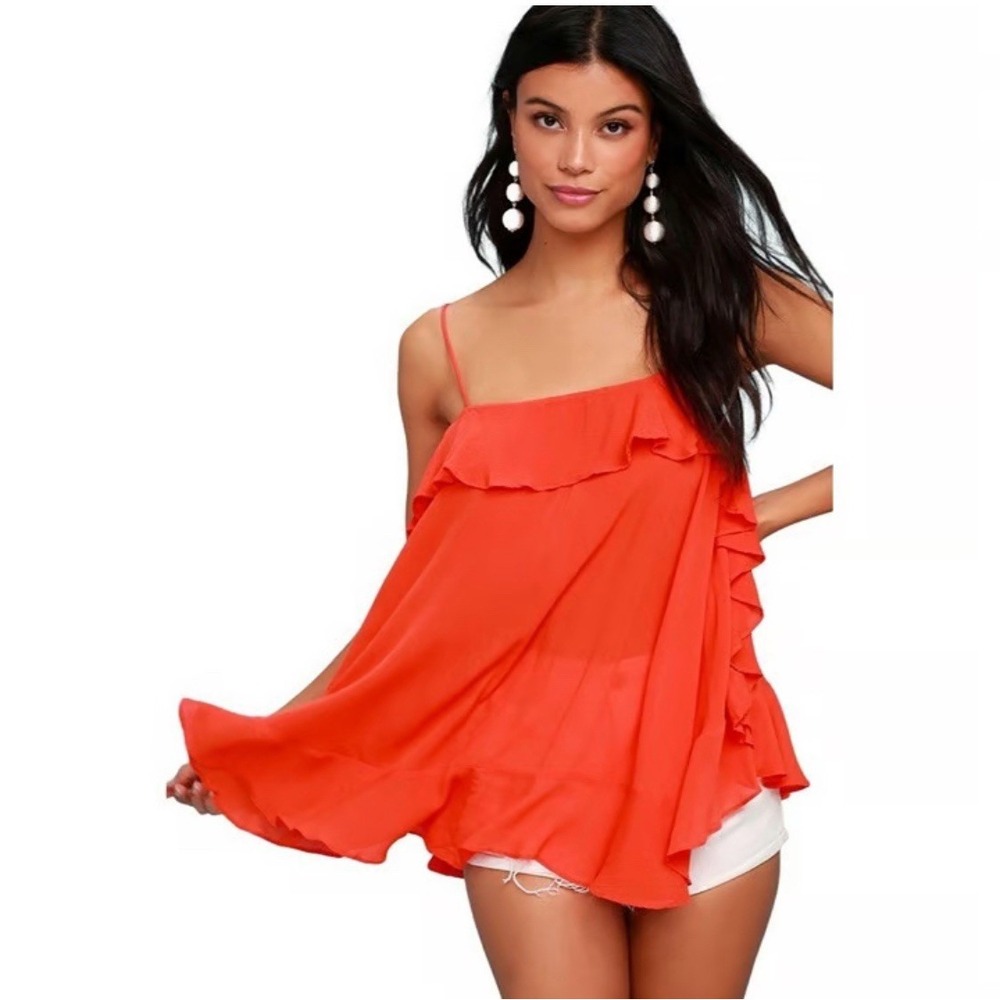 Intimately Free People Top Cascades Ruffle Camisole Small Orange‎ Layered Sheer